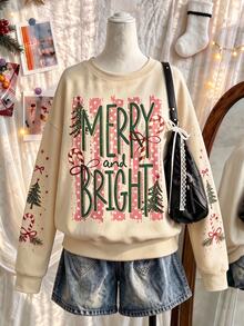 Lalippa 聖誕節 Merry And Bright 字母與樹圖案落肩衛衣，休閒圓領長袖套頭衫，適合節日穿著 - 杏色 - 查看 3