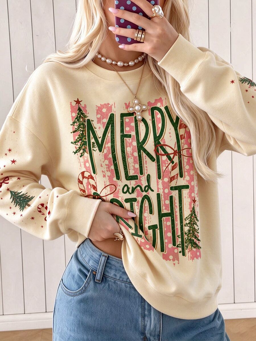 Lalippa 聖誕節 Merry And Bright 字母與樹圖案落肩衛衣,休閒圓領長袖套頭衫,適合節日穿著 - 杏色 - 查看 1