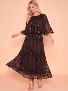 Amorya Women's Dark Brown Sequin Patchwork Elegant Mid-Length Dress, Summer Wedding Dinner Cocktail Party Formal Evening Prom Ceremony Gown Outfit - Brown - View 4