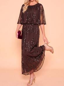 Amorya Women's Dark Brown Sequin Patchwork Elegant Mid-Length Dress, Summer Wedding Dinner Cocktail Party Formal Evening Prom Ceremony Gown Outfit - Brown - View 6