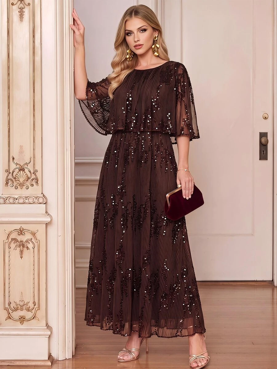 Amorya Women's Dark Brown Sequin Patchwork Elegant Mid-Length Dress, Summer Wedding Dinner Cocktail Party Formal Evening Prom Ceremony Gown Outfit