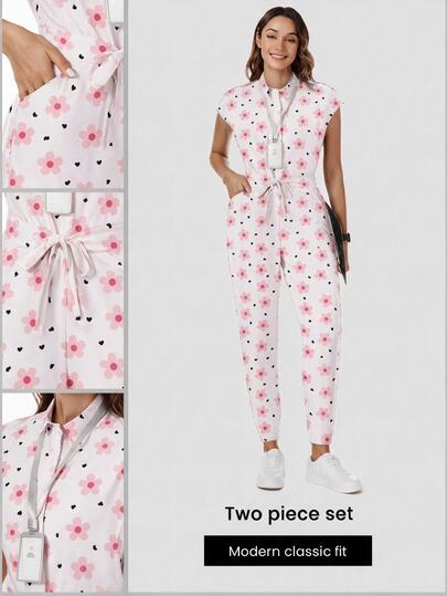 TaskEZ Scrub Uniform Jumpsuit, Vintage Floral Heart Print Pattern Women's Nurse Scrub Uniform, Scrub Suit, Staff Scrub Uniform, Matte Print Jumpsuit With Shoulder Sleeves, 4 Pockets And Waist Drawstring