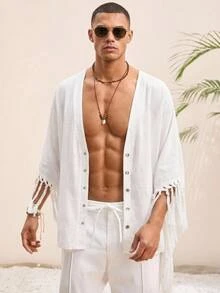 Ocevento 男士休闲流苏V领开襟七分袖衬衫 - 白色 - 查看 1