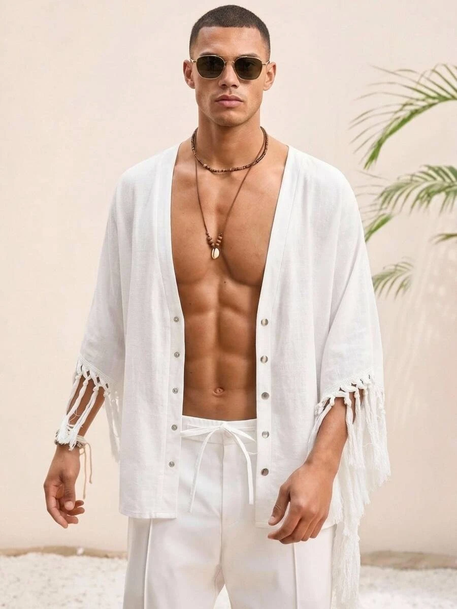 Ocevento 男士休闲流苏V领开襟七分袖衬衫 - 白色 - 查看 1