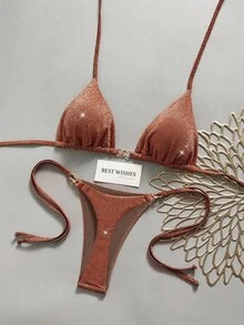 SHEIN Swim Women's Solid Color Metallic Fabric Spaghetti Strap Jewelry Decor Bikini Set, Summer Beach Vacation - Brown - View 4