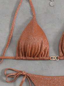 SHEIN Swim Women's Solid Color Metallic Fabric Spaghetti Strap Jewelry Decor Bikini Set, Summer Beach Vacation - Brown - View 7