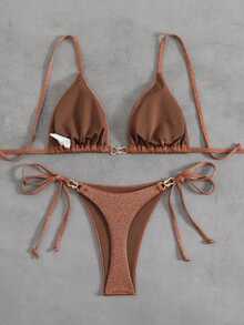 SHEIN Swim Women's Solid Color Metallic Fabric Spaghetti Strap Jewelry Decor Bikini Set, Summer Beach Vacation - Brown - View 3