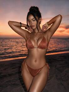 SHEIN Swim Women's Solid Color Metallic Fabric Spaghetti Strap Jewelry Decor Bikini Set, Summer Beach Vacation - Brown - View 2