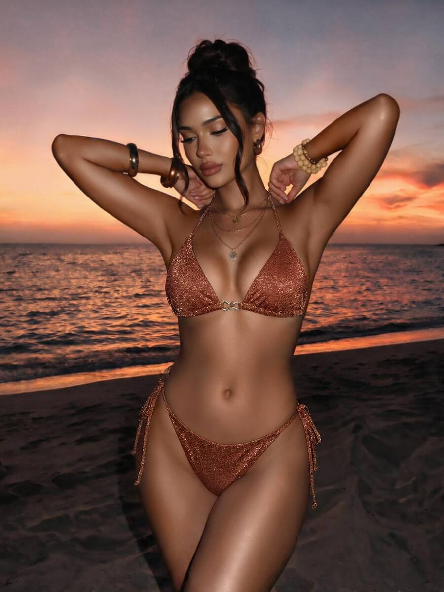 SHEIN Swim Women's Solid Color Metallic Fabric Spaghetti Strap Jewelry Decor Bikini Set, Summer Beach Vacation