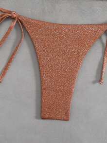 SHEIN Swim Women's Solid Color Metallic Fabric Spaghetti Strap Jewelry Decor Bikini Set, Summer Beach Vacation - Brown - View 8