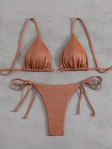SHEIN Swim Women's Solid Color Metallic Fabric Spaghetti Strap Jewelry Decor Bikini Set, Summer Beach Vacation - Brown - View 6