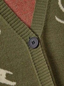 ROMWE Dark Gothic Christmas Reindeer Skull Pattern Plus Size Loose Fit Women's Fall Winter Cardigan Sweater - Army Green - View 3