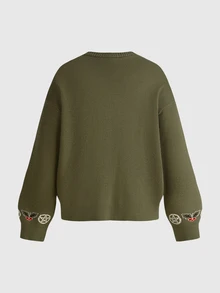 ROMWE Dark Gothic Christmas Reindeer Skull Pattern Plus Size Loose Fit Women's Fall Winter Cardigan Sweater - Army Green - View 2