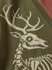 ROMWE Dark Gothic Christmas Reindeer Skull Pattern Plus Size Loose Fit Women's Fall Winter Cardigan Sweater - Army Green - View 4