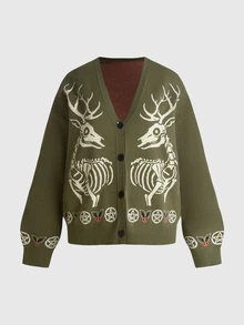 ROMWE Dark Gothic Christmas Reindeer Skull Pattern Plus Size Loose Fit Women's Fall Winter Cardigan Sweater - Army Green - View 1