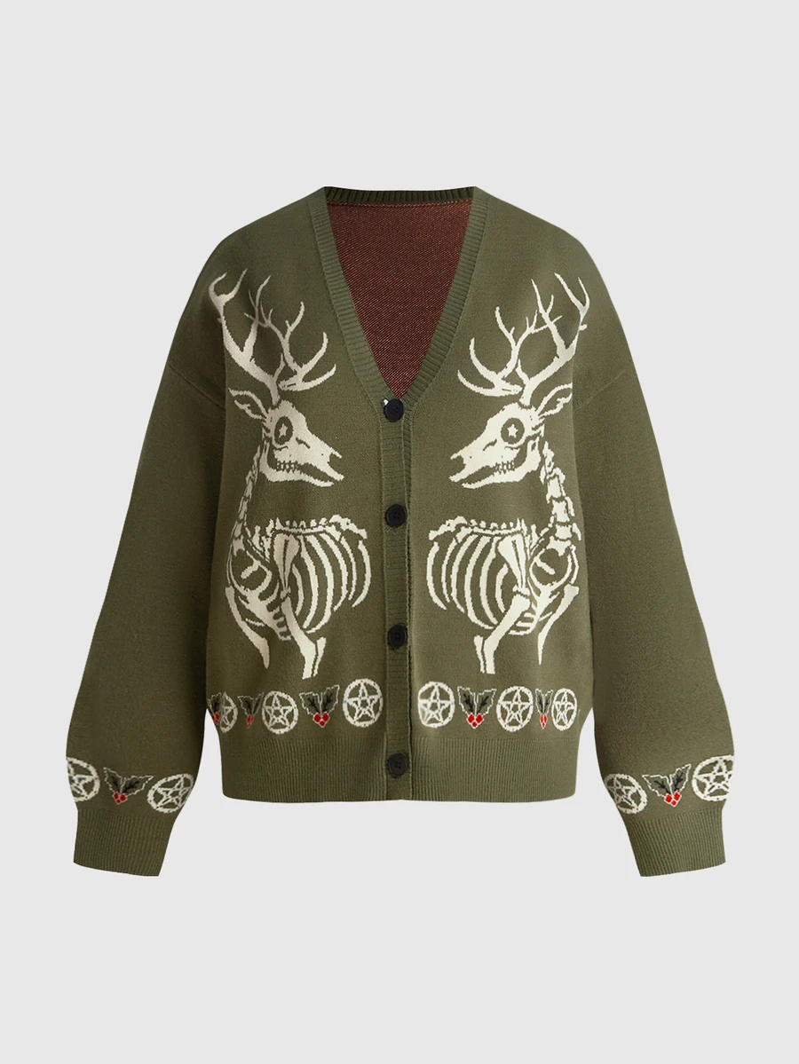 ROMWE Dark Gothic Christmas Reindeer Skull Pattern Plus Size Loose Fit Women's Fall Winter Cardigan Sweater - Army Green - View 1