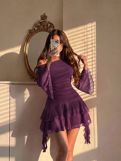 Skyraze Deep Purple Flared Sleeve Ruffle Asymmetric Neck Long Sleeve Dress Going Out Cocktail Night Out Autumn Sexy Elegant, 2026 Fall/Winter.Napoleon