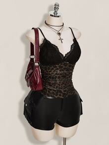 SHEIN ICON 大码女式蕾丝拼接豹纹吊带背心 - 彩色 - 查看 5