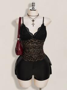 SHEIN ICON 大码女式蕾丝拼接豹纹吊带背心 - 彩色 - 查看 4