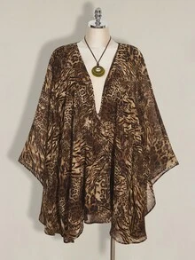 SHEIN ICON 大尺碼復古波希米亞休閒棕色斑點秋季度假豹紋雪紡洋裝 深V領寬鬆罩裙 秋季外出穿搭 - 棕色 - 查看 7