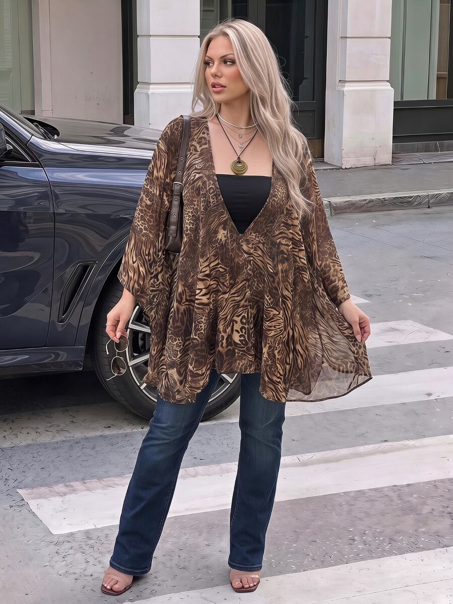 SHEIN ICON 大尺碼復古波希米亞休閒棕色斑點秋季度假豹紋雪紡洋裝 深V領寬鬆罩裙 秋季外出穿搭 - 棕色 - 查看 1