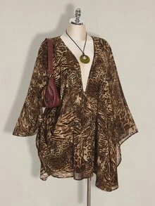 SHEIN ICON 大尺碼復古波希米亞休閒棕色斑點秋季度假豹紋雪紡洋裝 深V領寬鬆罩裙 秋季外出穿搭 - 棕色 - 查看 3