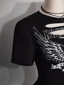 SHEIN ICON 大尺碼字母圖案鏤空演唱會T恤 - 黑色 - 查看 8