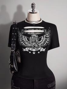 SHEIN ICON 大尺碼字母圖案鏤空演唱會T恤 - 黑色 - 查看 11