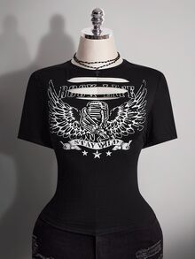 SHEIN ICON 大尺碼字母圖案鏤空演唱會T恤 - 黑色 - 查看 3