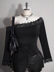 SHEIN ICON 大尺碼女款蕾絲拼接不對稱肩休閒日常出遊T恤 - 黑色 - 查看 9