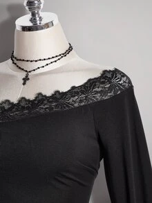 SHEIN ICON 大尺碼女款蕾絲拼接不對稱肩休閒日常出遊T恤 - 黑色 - 查看 4