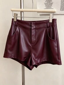 INAWLY 女士休闲通勤纯色PU皮革褶皱腰部短裤 - 酒紅色 - 查看 4