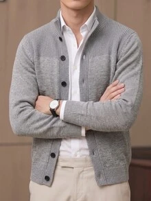 Manfinity Homme Men's Patchwork Quilted Cardigan Old Money Formal Keep Warm - Light Grey - View 1