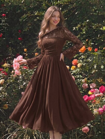 Skyraze Burgundy Asymmetric Neck Lace Patchwork Bell Sleeve Midi Dress Wedding Mother Of The Bride Dinner Date Party Autumn Casual Romantic Elegant