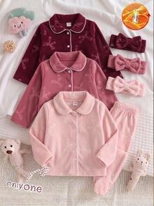 2pcs Newborn Light Pink Sweet Cute Bow Embossed Pattern Peter Pan Collar Button-Up Long Pants Long Sleeve Footed Casual Comfortable Home Wear Pajama Set, Suitable For Autumn/Winter, Soft Comfortable Touch Dralon Fabric - Baby Pink - View 9