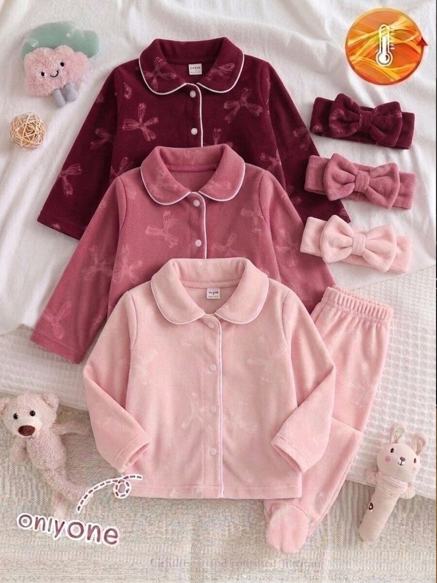 2pcs Newborn Light Pink Sweet Cute Bow Embossed Pattern Peter Pan Collar Button-Up Long Pants Long Sleeve Footed Casual Comfortable Home Wear Pajama Set, Suitable For Autumn/Winter, Soft Comfortable Touch Dralon Fabric - Baby Pink - View 1