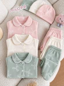 2pcs Newborn Light Pink Sweet Cute Bow Embossed Pattern Peter Pan Collar Button-Up Long Pants Long Sleeve Footed Casual Comfortable Home Wear Pajama Set, Suitable For Autumn/Winter, Soft Comfortable Touch Dralon Fabric - Baby Pink - View 8