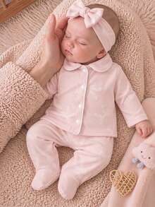2pcs Newborn Light Pink Sweet Cute Bow Embossed Pattern Peter Pan Collar Button-Up Long Pants Long Sleeve Footed Casual Comfortable Home Wear Pajama Set, Suitable For Autumn/Winter, Soft Comfortable Touch Dralon Fabric - Baby Pink - View 2
