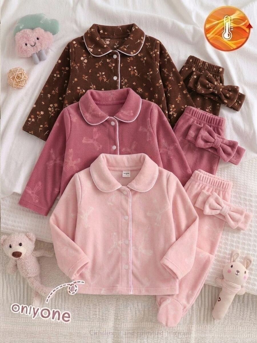 2pcs Newborn Light Pink Sweet Cute Bow Embossed Pattern Peter Pan Collar Button-Up Long Pants Long Sleeve Footed Casual Comfortable Home Wear Pajama Set, Suitable For Autumn/Winter, Soft Comfortable Touch Dralon Fabric - Baby Pink - View 1