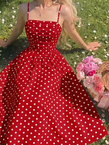SHEIN MOD 復古浪漫法式經典抓皺紅白波點細肩帶中長洋裝，適合聖誕、夏季野餐 - 深紅色 - 查看 7