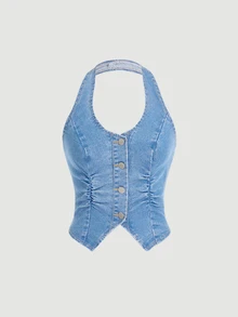 SHEIN EZwear Y2K Blue Elastic Cropped Backless Halter Denim Vest Top - Light Wash - View 3