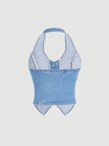 SHEIN EZwear Y2K Blue Elastic Cropped Backless Halter Denim Vest Top - Light Wash - View 4