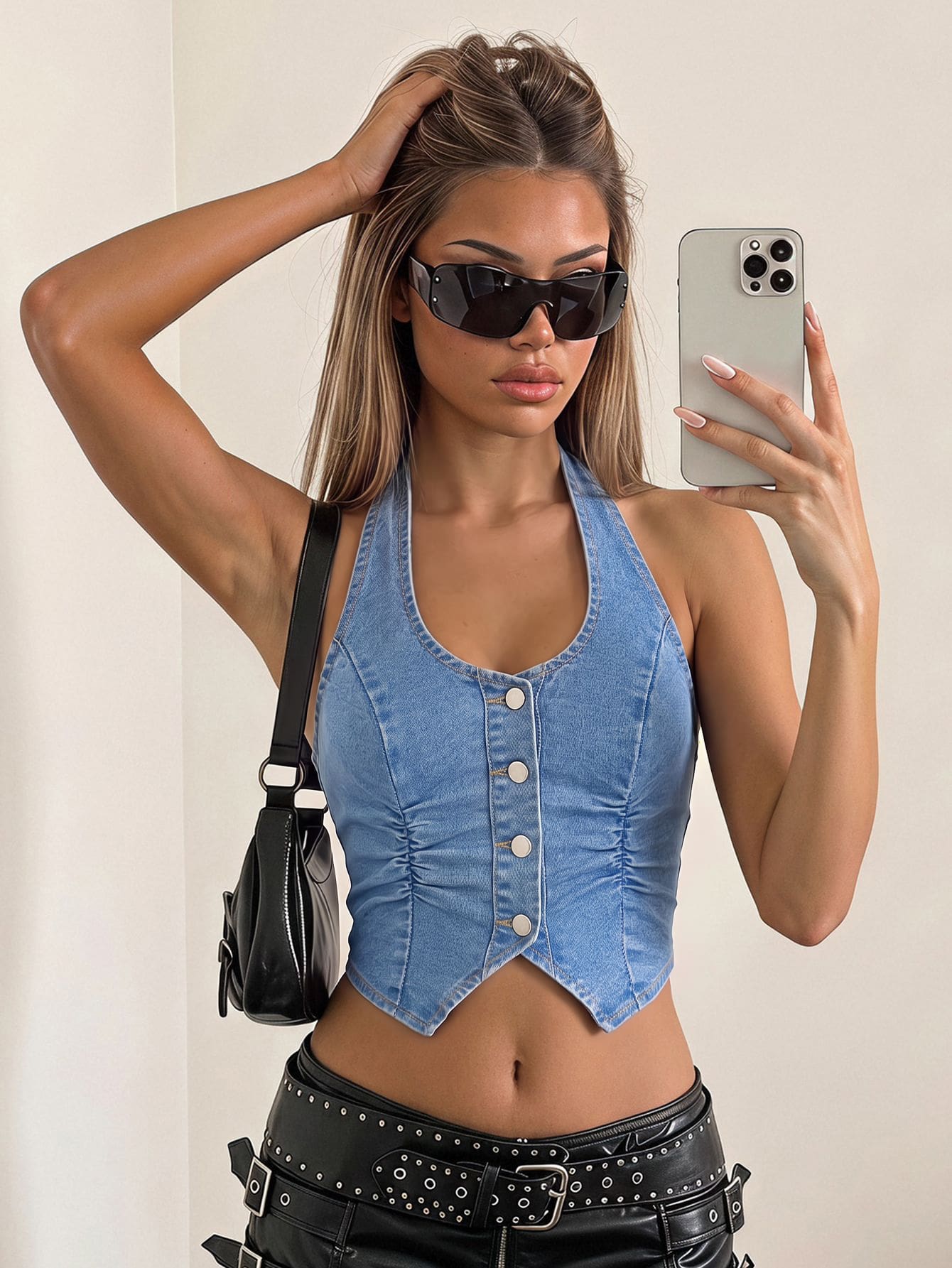 SHEIN EZwear Y2K Blue Elastic Cropped Backless Halter Denim Vest Top