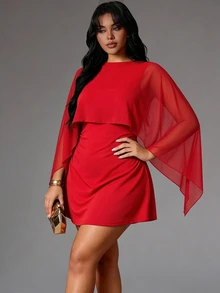 Rustia 披肩式收腰洋裝，咖啡色雪紡拼接高腰A字短款雞尾酒洋裝，秋季款 - 紅色 - 查看 4