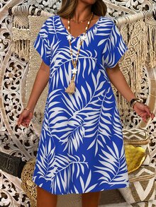 EMERY ROSE Plus Size Women's Summer Leaf Print Blue And White V-Neck Short Sleeve Dress,Boho Vacation Holiday Outfits,Casual Country Flowy Beach Sundress - Royal Blue - View 5