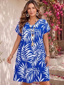 EMERY ROSE Plus Size Women's Summer Leaf Print Blue And White V-Neck Short Sleeve Dress,Boho Vacation Holiday Outfits,Casual Country Flowy Beach Sundress - Royal Blue - View 1