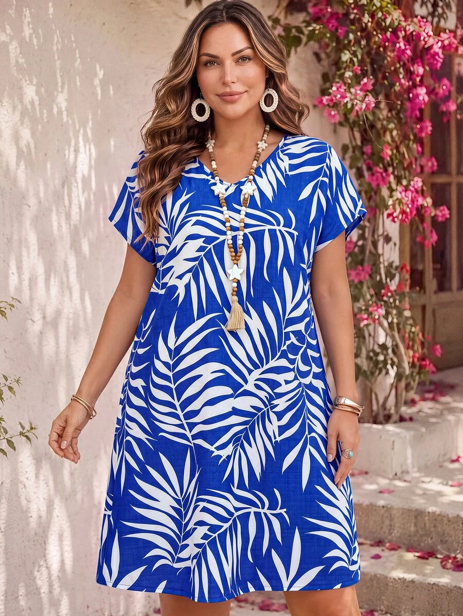 EMERY ROSE Plus Size Women's Summer Leaf Print Blue And White V-Neck Short Sleeve Dress,Boho Vacation Holiday Outfits,Casual Country Flowy Beach Sundress - Royal Blue - View 1