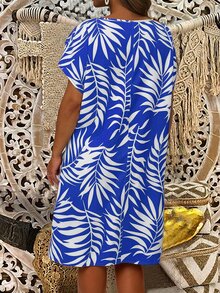 EMERY ROSE Plus Size Women's Summer Leaf Print Blue And White V-Neck Short Sleeve Dress,Boho Vacation Holiday Outfits,Casual Country Flowy Beach Sundress - Royal Blue - View 2