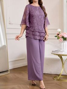 Amorya Women's Round Neck Floral Print Top And Wide Leg Pants Casual Elegant Daily 2 Pieces Set Party Dinner Formal Purple Summer - Purple - View 5