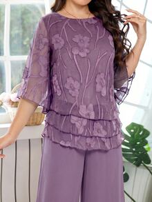 Amorya Women's Round Neck Floral Print Top And Wide Leg Pants Casual Elegant Daily 2 Pieces Set Party Dinner Formal Purple Summer - Purple - View 7